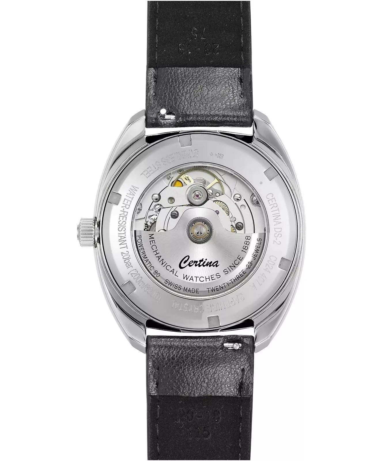 Achteraanzicht van de Certina DS-2 Powermatic 80 Herenhorloge 40mm met zichtbare automatische uurwerkmechaniek en Swiss Made gravure.